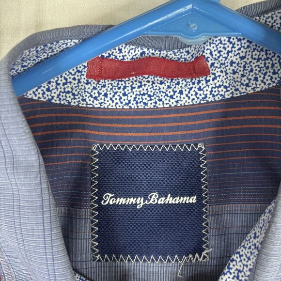 Tommy Bahama Shirt Mens Large‎ Blue Pink Stripe Logo Button Up 100% cotton - Picture 7 of 14
